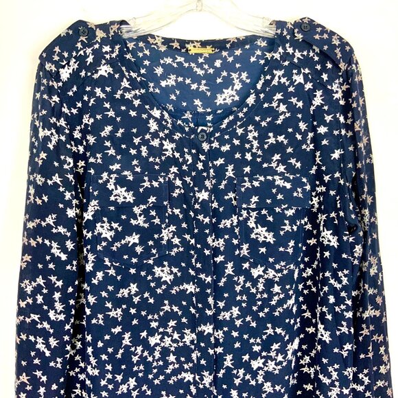 Rebecca Minkoff Silk Star Print Navy Blouse Career Size L - Picture 11 of 16